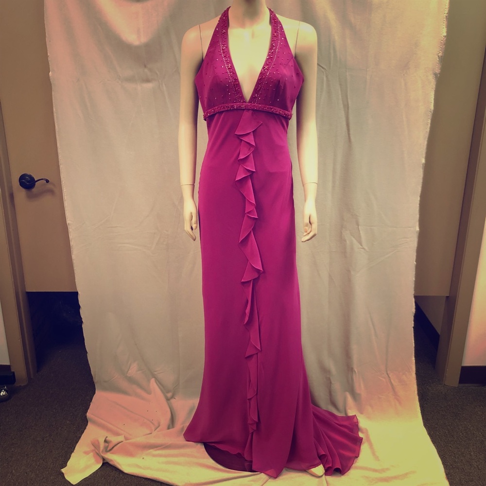 Vintage 90's Raspberry Pink Ruffle Halter Gown